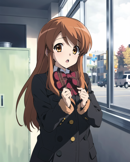 3978523219-1542915733-kyoani haruhi style,1girl, Mikuru Asahina, solo, window, long hair, orange hair, orangeeyes, open mouth, coat, bow, plaid, _o, l.png